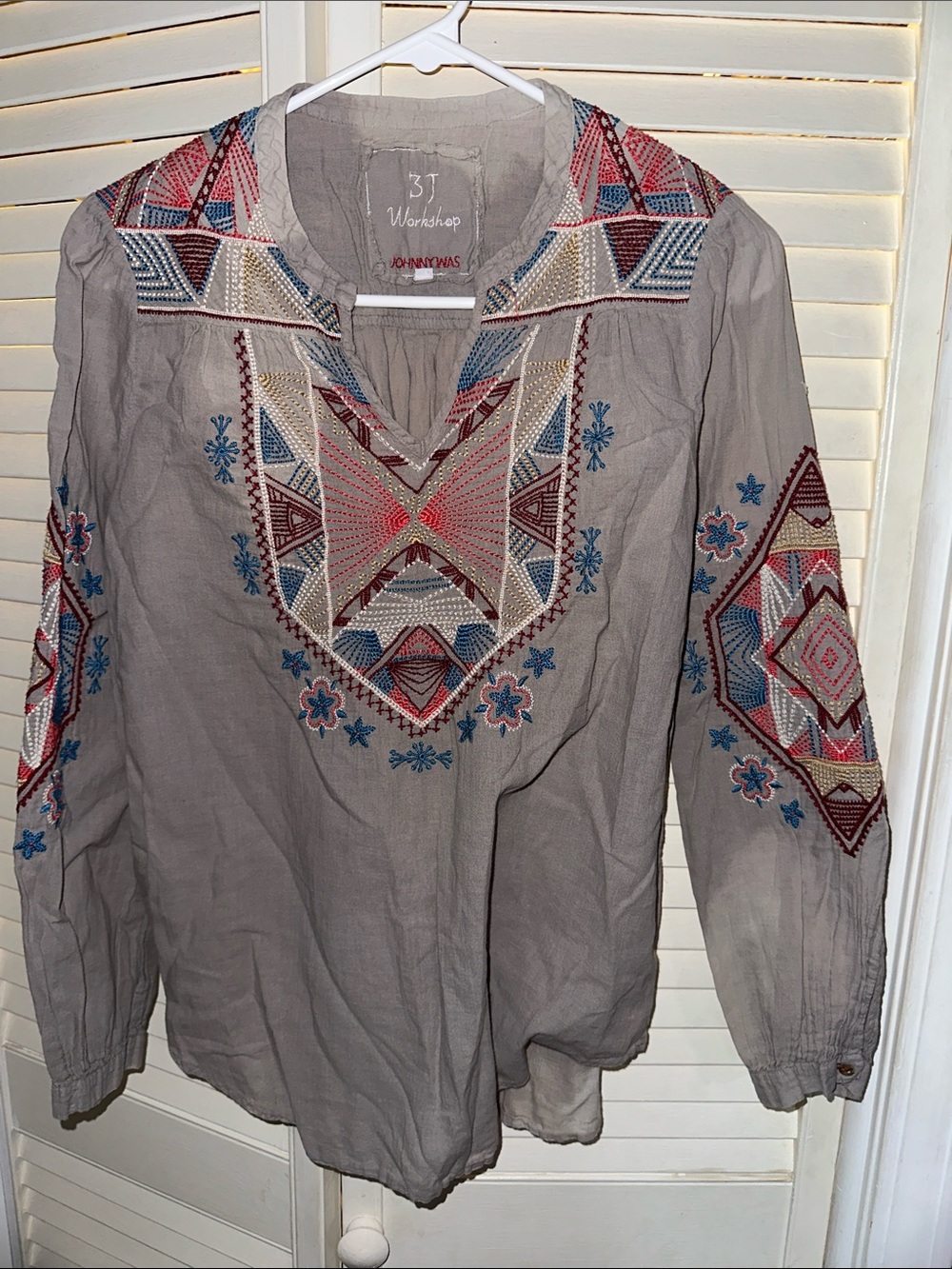 Johnny Was Taupe Embroidered Geometric Peasant Blouse